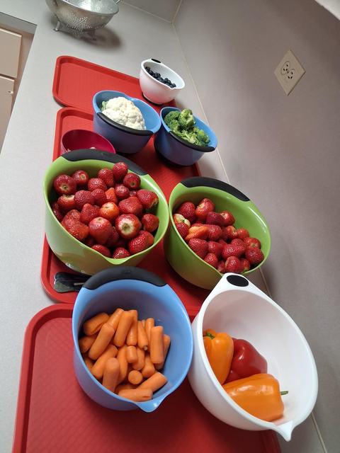 Several trays lined up on a kitchen counter full of fresh garen veggies needed to make a summer salad.