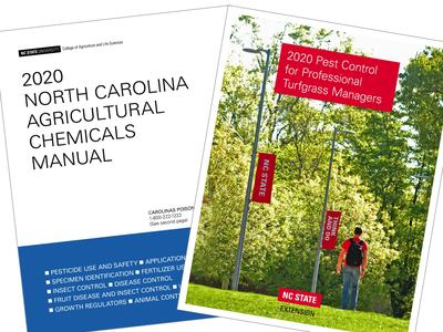 Covers of two NC State Extension publications displayed side by side, including the 2020 North Carolina Agricultural Chemicals Manual and 2020 Pest Control for Professional Turfgrass Managers