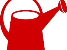 Red watering can with curved handle and angled spout