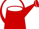 Red watering can with curved handle and angled spout