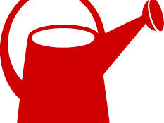 Red watering can with curved handle and angled spout