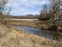 Creek winding through dry grassland with leafless trees and distant hills under blue sky