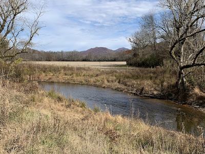Creek winding through dry grassland with leafless trees and distant hills under blue sky