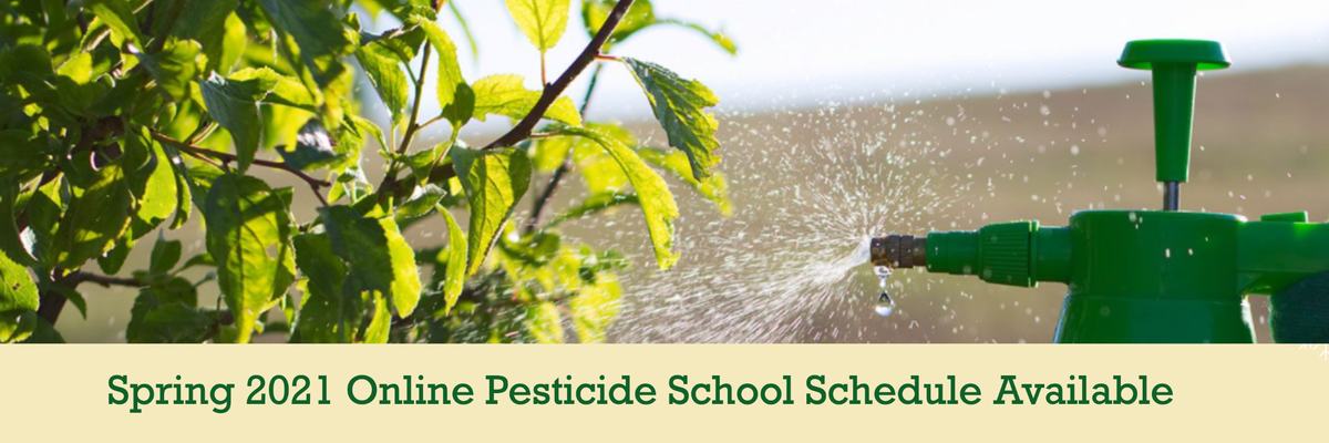 Green sprayer spraying leaves; text: "Spring 2021 Online Pesticide School Schedule Available"