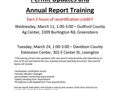 Permit Updates and Annual Report Training — Mar 11 Greensboro; Mar 24 Lexington