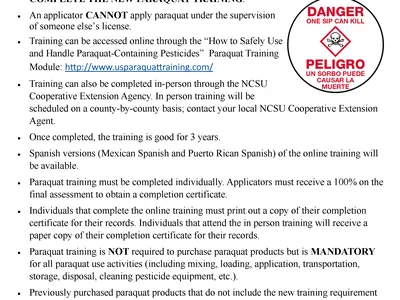 image of paraquat requirements flier including photo of a tractor, and details on accessing paraquat training online, in-person and accommodations for Hispanic version of the training.