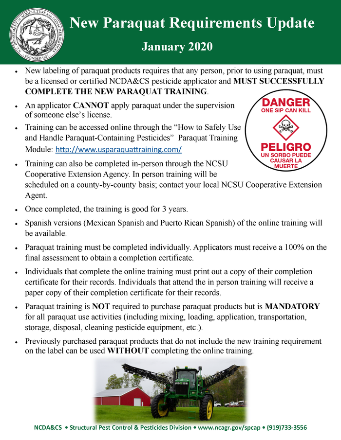 image of paraquat requirements flier including photo of a tractor, and details on accessing paraquat training online, in-person and accommodations for Hispanic version of the training.