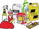 Hazardous household containers: Paint Thinner, Insect Spray, Antifreeze Coolant, spilling paint.