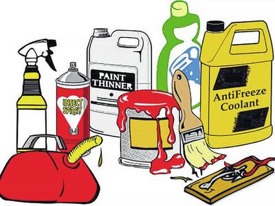 Hazardous household containers: Paint Thinner, Insect Spray, Antifreeze Coolant, spilling paint.