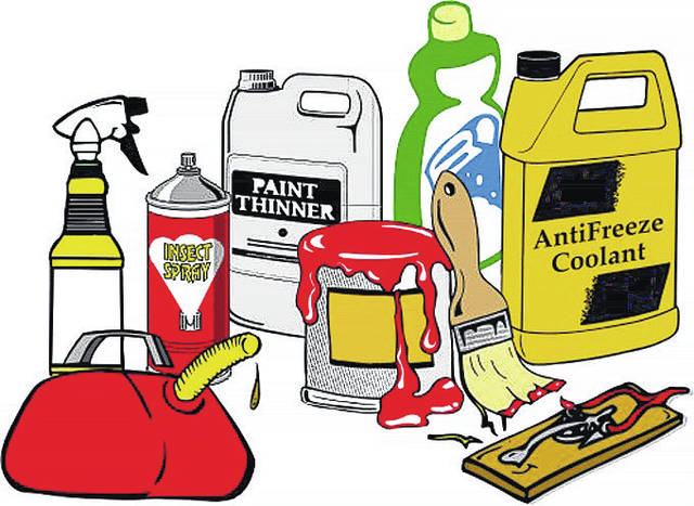 Hazardous household containers: Paint Thinner, Insect Spray, Antifreeze Coolant, spilling paint.