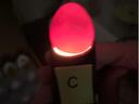 Red-glowing candled egg held on a device with yellow label marked "C".