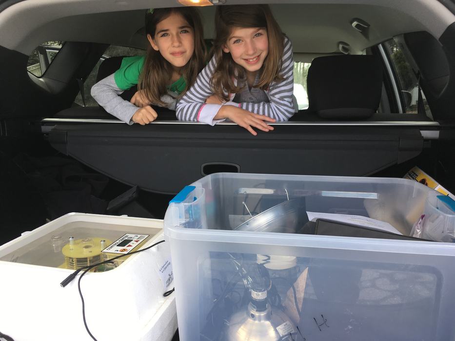 two girls in car with incubating supplies