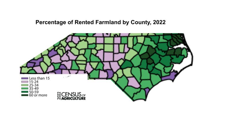 North Carolina county map showing percent rented farmland, 2022 — legend: <15; 15–24; 25–34; 35–49; 50–59; 60+