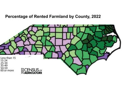 North Carolina county map showing percent rented farmland, 2022 — legend: <15; 15–24; 25–34; 35–49; 50–59; 60+