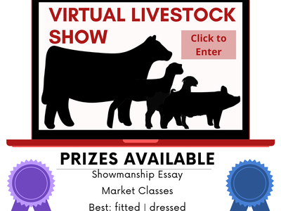 Virtual Livestock Show poster with livestock silhouettes; "Click to Enter"; Hosted through Google Forms
