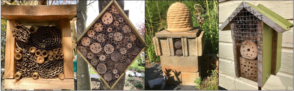 Selection of bee hotels of various sizes showing canes and other materials. 