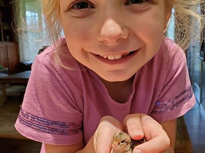 Young girl holding a small chick gently in cupped hands, smiling at camera
