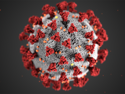 SARS-CoV-2 virus particle with red spike proteins on a gray, textured surface