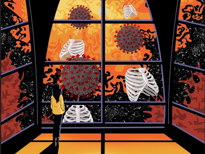 A girl is standing by a window. Outside the window is the Coronavirus and rib cage skeletons.