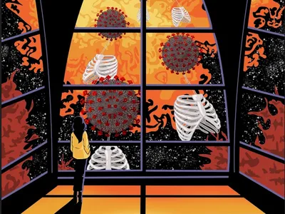 A girl is standing by a window. Outside the window is the Coronavirus and rib cage skeletons.