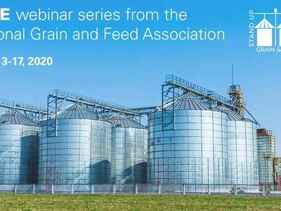 Metal grain silos; text: FREE webinar series from the Nat. Grain & Feed Assn., April 13–17, 2020