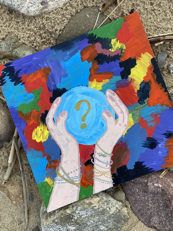 Hands are holding the globe. Instead of land, there is a large question mark. The backgroun is many colors.