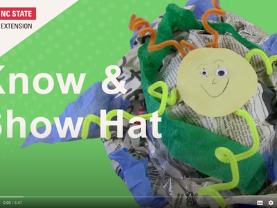 NC State Extension logo and "Know & Show Hat" title with a hat craft made of newspaper, crepe paper, pipe cleaners, and a paper face