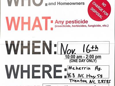 Poster showing free pesticide disposal on November 16, 2023 at Meherrin Ag, 458 NC Highway 58, Trenton, NC