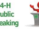 4-H Public Speaking text; red figure at podium with green four‑leaf clover emblem