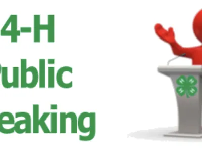 4-H Public Speaking text; red figure at podium with green four‑leaf clover emblem