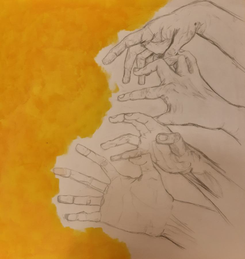 White hands in pencil reaching towards a yellow background