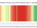 Heatmap titled "Figure 2. Relative Thrips Injury Risk between April 1 and May 31, 2020."