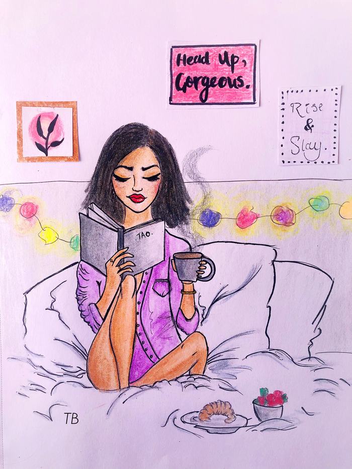 A woman is sitteing on her bed reading. She is holding a warm beverage. On here wall are phrases like 'Rise and Slay'