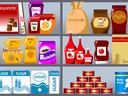 Pantry shelves with packaged foods labeled sugar, flour, salt, jam, cereals, coffee, tea, peanut butter, spaghetti, baby food
