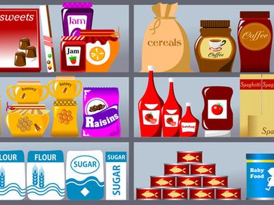 Pantry shelves with packaged foods labeled sugar, flour, salt, jam, cereals, coffee, tea, peanut butter, spaghetti, baby food