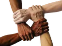 Four hands of different skin tones grasp each other's wrists forming a square.