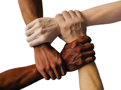Four hands of different skin tones grasp each other's wrists forming a square.
