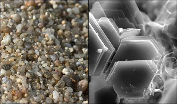 The image on the left shows a close-up of sand particles which appear grainy as seen by the naked eye. The right shows the platelike texture of clay visible only under a microscope.