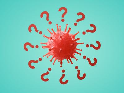 Red virus-like particle with spike proteins surrounded by red question marks on teal background