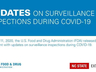 graphic with text Updates on Surveillance inspections during COVID-19 with FDA and NC State Extenion logos