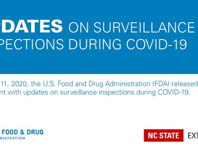 graphic with text Updates on Surveillance inspections during COVID-19 with FDA and NC State Extenion logos