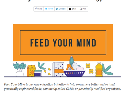 Heading "Agricultural Biotechnology"; orange banner "FEED YOUR MIND" above illustrated foods.