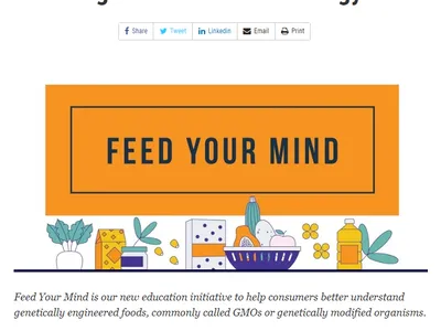 Heading "Agricultural Biotechnology"; orange banner "FEED YOUR MIND" above illustrated foods.
