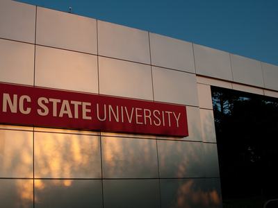 The Gateway Arch signage at the entrance to NC State Univeristy on Western Blvd.