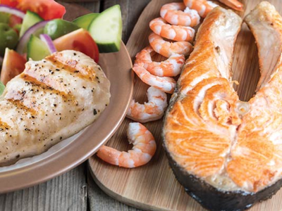 salmon, shrimp and salad