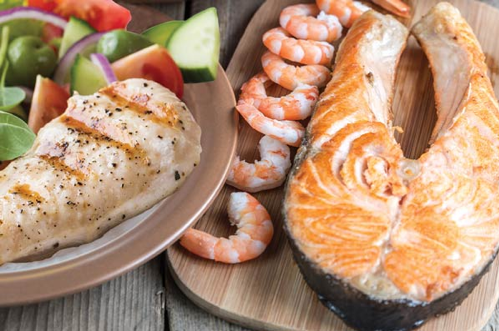 salmon, shrimp and salad