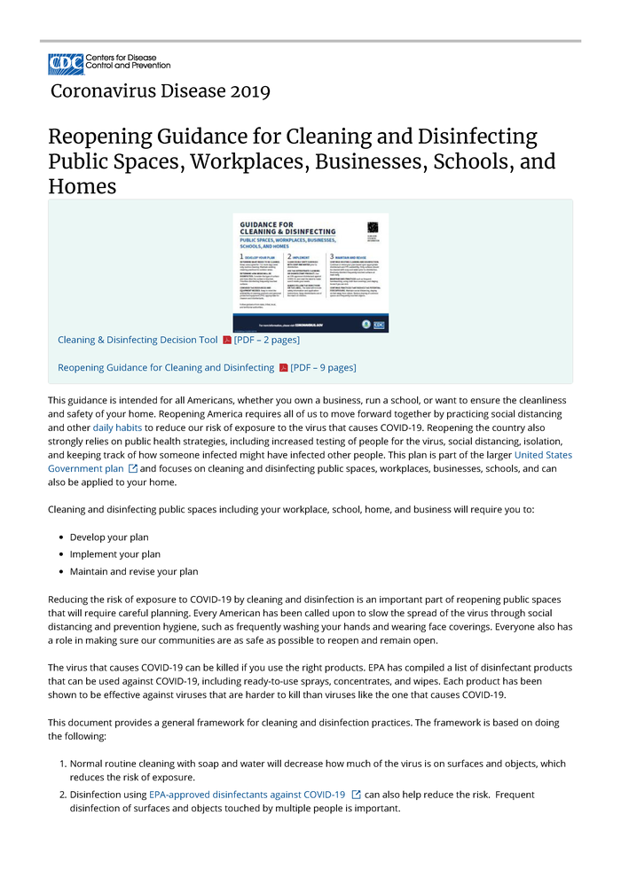 Coronavirus Disease 2019 Reopening Guidance for Cleaning and Disinfecting Public Spaces, Workplaces, Businesses, Schools, and Homes flyer