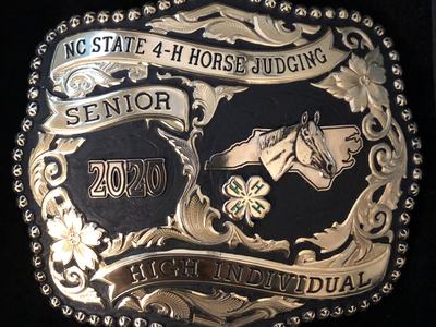 Buckle reading "NC STATE 4-H HORSE JUDGING SENIOR 2020 HIGH INDIVIDUAL" with horse head and 4-H clover