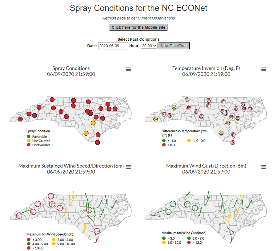 Map view of the Spray Conditions Tool for NCECONet.