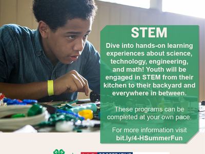 Teen assembling electronics; green panel text reads "STEM" and URL bit.ly/4-HSummerFun